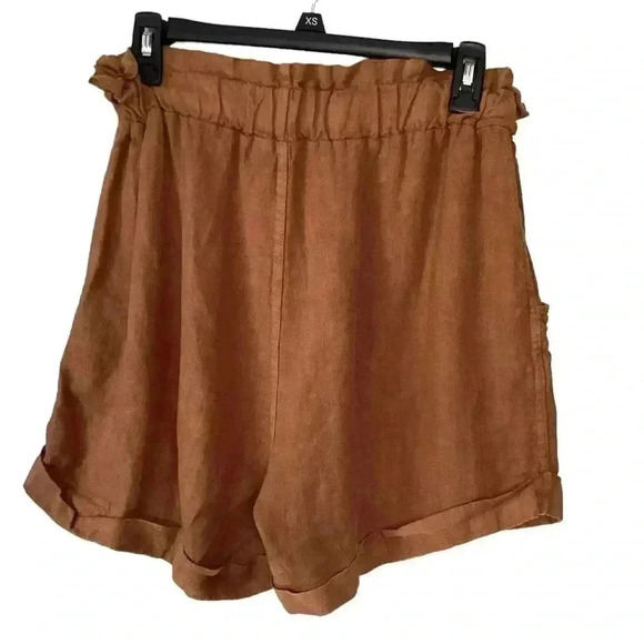 Oraije Paris Brown Linen shorts Size M/L Made in ITALY High Waist paper Bag - Picture 4 of 8